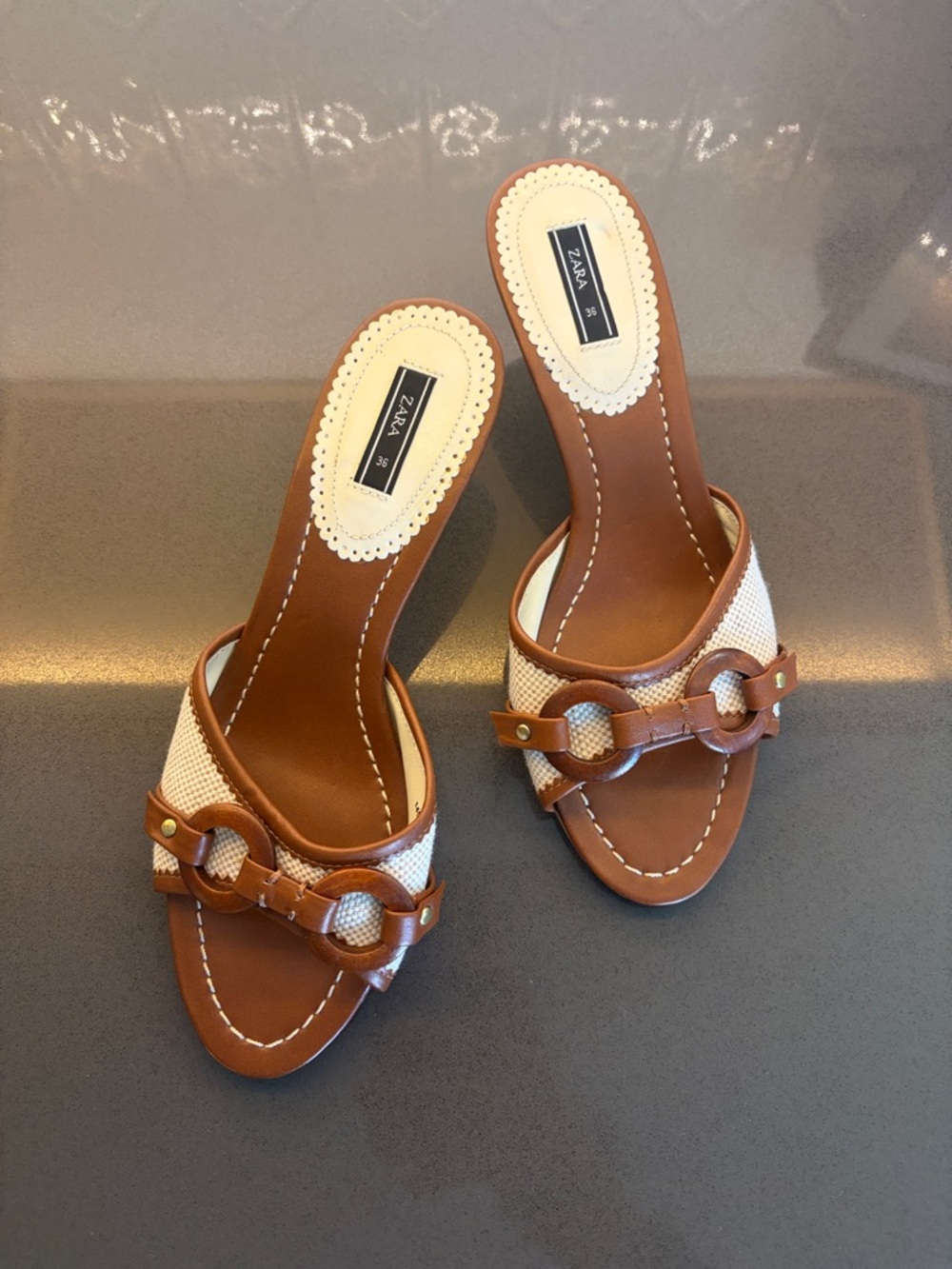 Zara Brown and White Ring-Accent Slide Mules